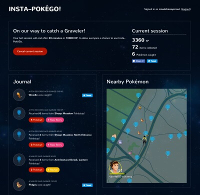 Una captura de pantalla de la aplicación de bots Insta-PokeGo